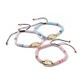 Honeyhandy Nylon Thread Braided Beads Bracelets, with Polymer Clay Heishi Beads, Glass Seed Beads and Alloy Pendants, Cowrie Shell, Mixed Color, 2-1/8 inch(5.3cm)