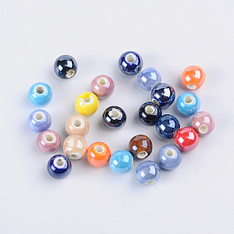 Honeyhandy Handmade Porcelain Beads, Pearlized Plated, Round, Mixed Color, about 6mm in diameter, hole: 1mm