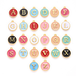 Honeyhandy Alloy Enamel Charms, 2 side Enamelled Sequins, Golden Plated, Flat Round with Alphabet, Letter, Golden, Random Mixed Color, 14x12x2mm, Hole: 1.5mm, 26pcs/set