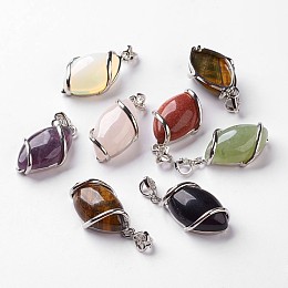 Honeyhandy Natural Mixed Stone Pendants, with Brass Rhinestone Findings,  Horse Eye, 36x17.5x7~9mm, Hole: 2.5x4mm