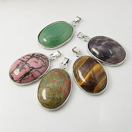 Honeyhandy Gemstone Pendants, with Brass Findings, Oval, Platinum, Mixed Gemstone, Mixed Color, 41x27.5x7.5mm, Hole: 3x6mm