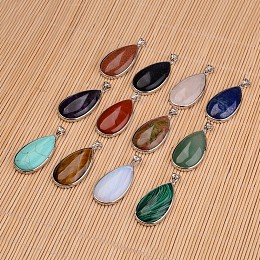 Honeyhandy Natural & Synthetic Mixed Stone Big Pendants, with Platinum Tone Brass Findings, Lead Free & Nickel Free, teardrop, 50x26x9mm, Hole: 5x6mm