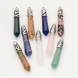 Honeyhandy Natural Gemstone Big Pointed Pendants, Bullet, with Platinum Tone Alloy Findings, 57~62x9~10mm, Hole: 4x5mm