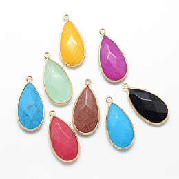 Honeyhandy Natural & Synthetic Mixed Stone Pendants, with Platinum Tone Brass Findings, Faceted, teardrop, Mixed Color, 32.5~33x16x6mm, Hole: 2.5mm