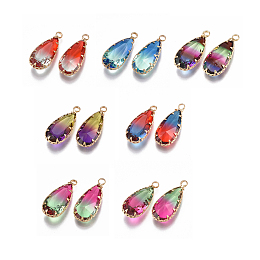 NBEADS Two Tone Glass Pendants, with Brass Findings, Faceted, Teardrop, Golden, Mixed Color, 24x10.5x6mm, Hole: 1.5mm