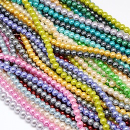 Eco-Friendly Glass Pearl Bead Strands, Round, Dyed, Cotton Cord Threaded, Mixed Color, 14mm, Hole: 1.2~1.5mm, about 30pcs/strand, 15.7 inch