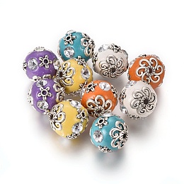 Honeyhandy Handmade Indonesia Beads, with Crystal Rhinestone and Metal Findings, Round, Antique Silver, Mixed Color, 15.5~17x16~17mm, Hole: 2mm