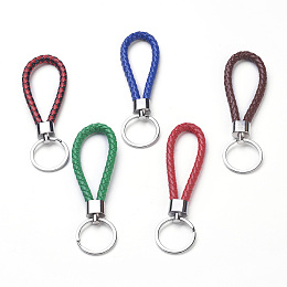 Honeyhandy Braided PU Keychain, with Alloy Findings and Iron Ring, Platinum, Mixed Color, 125~130x7.5~8mm