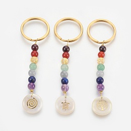 Honeyhandy Natural Mixed Gemstone Keychain, with 304 Stainless Steel Split Key Rings and Freshwater Shell Pendants, Golden, 91mm