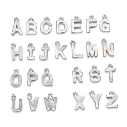 Honeyhandy Brass Charms, Alphabet, Real Platinum Plated, Letter A~Z, 8~8.5x4~6x1.5mm, Hole: 0.8mm