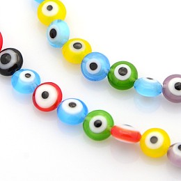 Honeyhandy Handmade Evil Eye Lampwork Bead Strands, Flat Round, Mixed Color, 6x4mm, Hole: 1mm, about 68pcs/strands, 15 inch