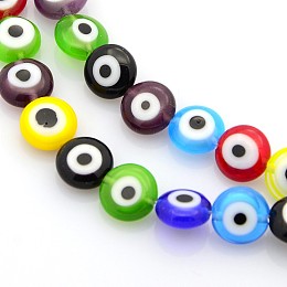 ARRICRAFT Handmade Evil Eye Lampwork Bead Strands, Flat Round, Mixed Color, 8x4mm, Hole: 1mm, about 53pcs/strands, 16 inches