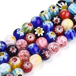 Honeyhandy Handmade Millefiori Glass Round Bead Strands, Mixed Color, 4mm, Hole: 1mm, about 95~100pcs/strand, 14~14.5 inch