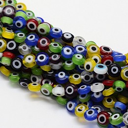 Honeyhandy Handmade Evil Eye Lampwork Flat Round Bead Strands, Mixed Color, 12x5mm, Hole: 1mm, about 33pcs/strand, 14.76 inch