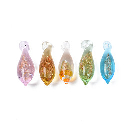 Handmade Gold Sand Lampwork Pendants, Teardrop, Mixed Color, 24~27x7.5mm, Hole: 1.2~2mm