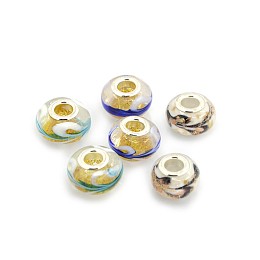 Honeyhandy Handmade Gold Sand Lampwork European Large Hole Rondelle Beads, with Silver Color Plated Brass Double Cores, Mixed Color, 15x10mm, Hole: 5mm