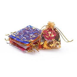 Honeyhandy Heart Printed Organza Bags, Gift Bags, Rectangle, Mixed Color, 12x10cm