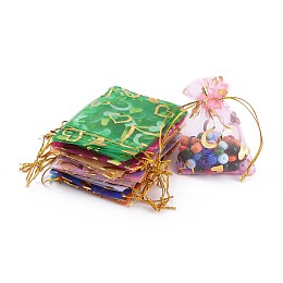 Honeyhandy Heart Printed Organza Bags, Gift Bags, Rectangle, Mixed Color, 9x7cm