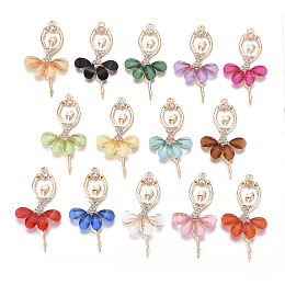 Alloy Big Pendants, with Resin & Crystal Rhinestone, Faceted, Ballerina, Golden, Mixed Color, 59~60x30~31x4.5mm, Hole: 2.5mm