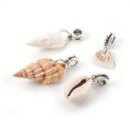 Honeyhandy Alloy European Dangle Charms, Large Hole Beads, with Shell, Antique Silver, Mixed Color, 23~42mm, Hole: 4~5mm