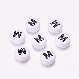 Honeyhandy Acrylic Beads, with Horizontal Hole, Letter, Flat Round, Letter.M, 7x4mm, Hole: 1mm, about 3500pcs/500g