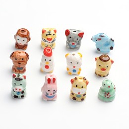 Honeyhandy Handmade Porcelain Beads, Famille Rose Porcelain, Random Mixed Chinese Zodiac, 16~20x12~20x10~15mm, Hole: 2~3mm