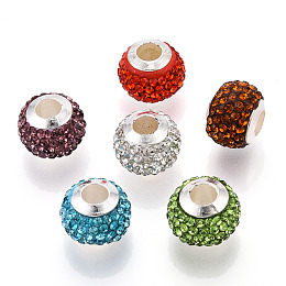 Honeyhandy Handmade Polymer Clay Rhinestone European Beads, with Silver Tone CCB Plastic Double Cores, Large Hole Beads, Rondelle, Mixed Color, 12.5~13x10mm, Hole: 4.5mm