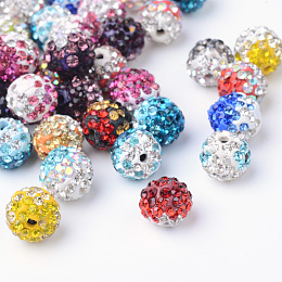 Two-Tone Color Handmade Polymer Clay Disco Ball Beads, with Glass Rhinestone, Mixed Color, 9~10mm, Hole: 2mm