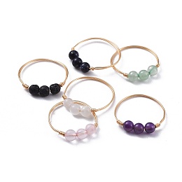 Honeyhandy Natural Gemstone Finger Rings, with Brass Copper Jewelry Wire, Golden, Size 8~10, 18~20mm