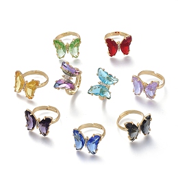 Honeyhandy Adjustable Brass Glass Finger Rings, with Clear Cubic Zirconia, Butterfly, Golden, Mixed Color, Size 7, Inner Diameter: 17mm