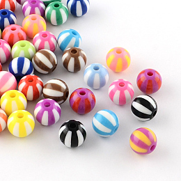 Honeyhandy Strip Opaque Acrylic Beads, Round, Mixed Color, 16x15mm, Hole: 3mm, about 220pcs/500g