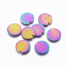 Honeyhandy Ion Plating(IP) 304 Stainless Steel Charms, Textured, Flat Round, Rainbow Color, 15x0.8mm, Hole: 1.6mm