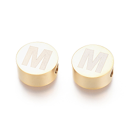 Honeyhandy 304 Stainless Steel Beads, Flat Round with Letter, Letter.M, 10x4.5mm, Hole: 2mm