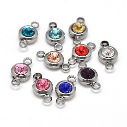 Honeyhandy Flat Round 304 Stainless Steel Cubic Zirconia Links, Stainless Steel Color, Mixed Color, 12x6.5x4mm, Hole: 2mm