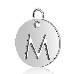 Honeyhandy 304 Stainless Steel Charms, Flat Round with Letter, Stainless Steel Color, Letter.M, 12x1mm, Hole: 2.5mm