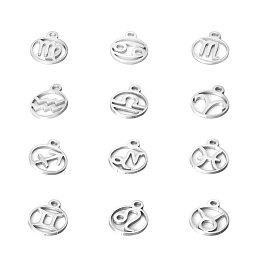 Honeyhandy 201 Stainless Steel Charms, Flat Round with Twelve Constellation, 12 Constellations, 13.4x10.8x1mm, Hole: 1.5mm