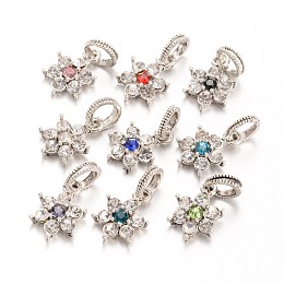 Honeyhandy Large Hole Alloy Rhinestone European Dangle Charms, Flower, Antique Silver, Mixed Color, 23mm, Hole: 6mm