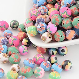 Honeyhandy Handmade Flower Pattern Polymer Clay Round Beads, Mixed Color, 8mm, Hole: 1~1.5mm