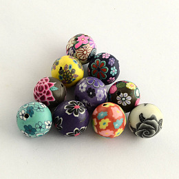 Honeyhandy Handmade Flower Pattern Polymer Clay Beads, Round, Mixed Color, 13~14mm, Hole: 1~2mm