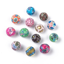 Honeyhandy Handmade Flower Pattern Polymer Clay Beads, Round, Mixed Color, 11~12mm, Hole: 2mm