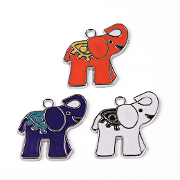 Mixed Enamel Elephant Alloy Pendants, Mixed Color, Platinum, 25x26x2mm, Hole: 3mm