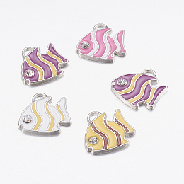 Mixed Enamel Butterflyfish Alloy Pendants, with Rhinestone, Lead Free and Cadmium Free, 19x20x2mm, Hole: 3mm