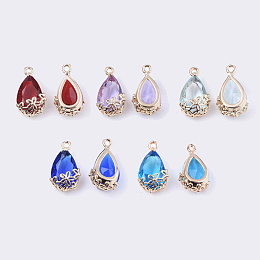 Honeyhandy Transparent Glass Pendants, for DIY Jewelry Making, with Brass Findings, Faceted, teardrop, with Flower, Light Gold, Mixed Color, 16x9x6mm, Hole: 1.2mm