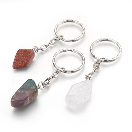 Honeyhandy Natural Gemstone Keychain, with Iron Findings, Nuggets, Platinum, 75~79mm, Ring: 25x2.5mm, Pendant: 24~29x11~16x9~11mm