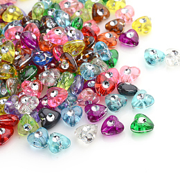 Honeyhandy Plating Transparent Acrylic Beads, Silver Metal Enlaced, Heart, Mixed Color, 8x8x4.5mm, Hole: 1mm