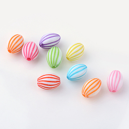 Honeyhandy Craft Style Acrylic Corrugated Beads, Oval, Mixed Color, 11x8x7.5mm, Hole: 2mm