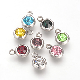 Honeyhandy 201 Stainless Steel Rhinestone Charms, Birthstone Charms, Flat Round, Stainless Steel Color, Mixed Color, 8.5x6x3mm, Hole: 1.5mm