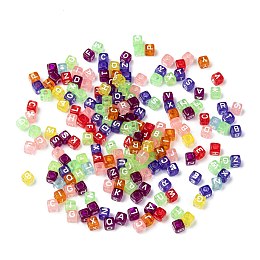 Honeyhandy Transparent Large Hole Acrylic European Beads, Horizontal Hole, Cube with Letter, Mixed Color, 6x6x6mm, Hole: 3.5~4mm