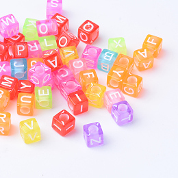 Honeyhandy Transparent Acrylic Beads, Horizontal Hole, Cube with Letter, Mixed Color, 5.5~6x5.5~6x5.5~6mm, Hole: 3mm