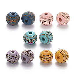 Painted Natural Wood Beads, Laser Engraved Pattern, Round with Leave Pattern, Mixed Color, 10x9mm, Hole: 2.5mm
